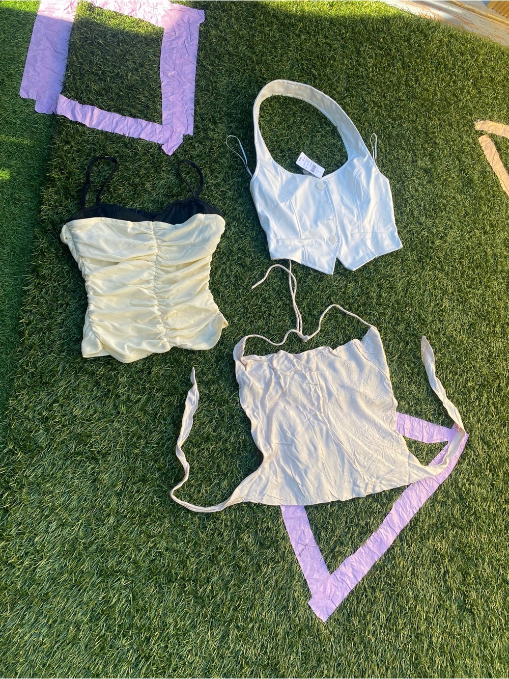 Zara Cream Satin Ruched Bandeau Top with Black Trim
